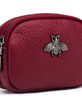 Women Leather Coin Purse, Small 2 Zippered Change Pouch Wallet